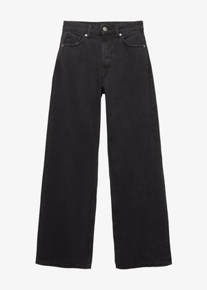 Svart jeans med vida ben tillverkade av denim, med hög midja, fem fickor och knapplåsning med diskreta sömmar.