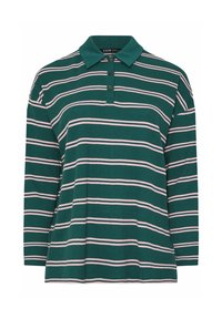 Zielona i biała w pasiaki koszulka polo z długim rękawem, z kołnierzykiem, z listwą z trzema guzikami oraz teksturowanym materiałem. Luźny krój z prostym dołem.