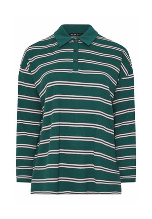 Polo a maniche lunghe verde e bianca a righe, con colletto, patta con tre bottoni e tessuto testurizzato. Vestibilità rilassata con orlo dritto.