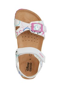 Sandal de color blanco con hebilla rosa, patrón circular colorido, plantilla de corcho, correas suaves y plantilla con marca. Ajustable para un buen ajuste y comodidad.
