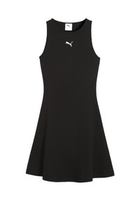Robe noire à fines côtes sans manches avec un ourlet évasé. Elle présente un col rond et un petit logo Puma blanc sur la poitrine. Tissu texturé.
