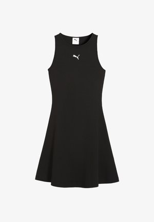 Czarna, prążkowana sukienka bez rękawów o zwężanym dole. Posiada okrągły dekolt i małe białe logo Pumy na piersi. Teksturowana tkanina.