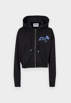 Black cropped hoodie with zip closure, featuring a blue floral graphic and logo "MOSCHINO JEANS" on the left side. Cotton material.
