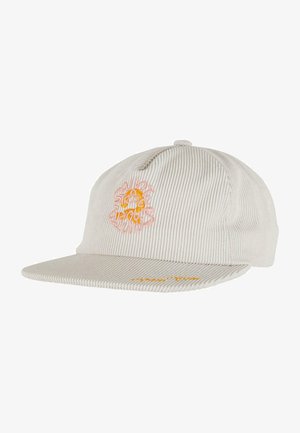 Gorra de pana de color beige claro con visera plana, que presenta detalles bordados de un sol y texto en rosa y naranja. Cierre trasero ajustable.