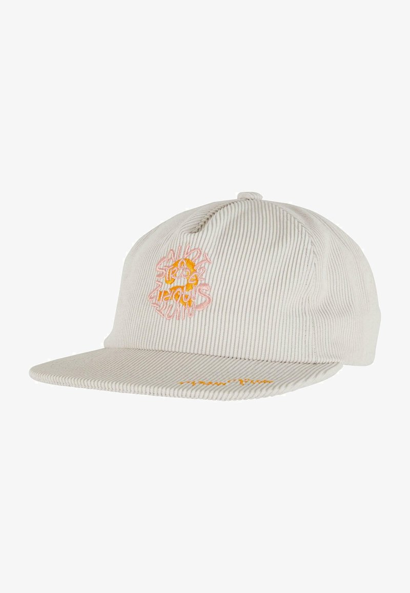 Világos bézs kordbársony sapka lapos karimával, rózsaszín és narancssárga hímzett nap- és szövegrészletekkel. Állítható hátsó zár.