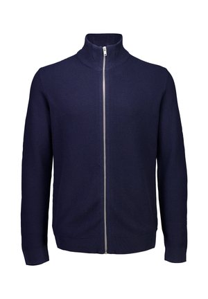 Mørkeblå strikket zip-up sweater med lange ærmer og høj krave, vist på en hvid baggrund.
