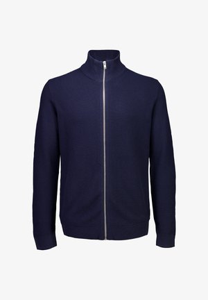 Maglione a zip blu navy in maglia, con maniche lunghe e colletto alto, presentato su uno sfondo bianco.