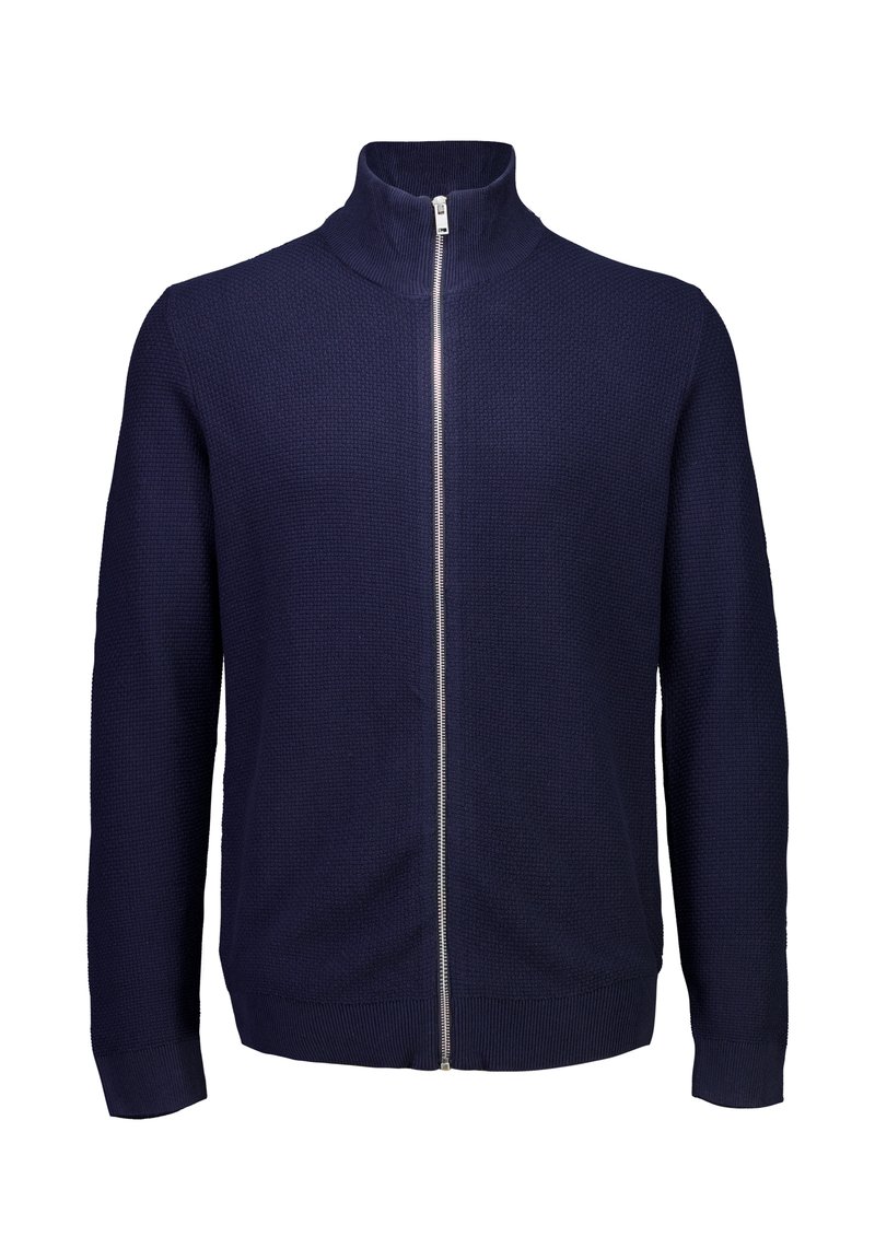 Maglione a zip blu navy in maglia, con maniche lunghe e colletto alto, presentato su uno sfondo bianco.