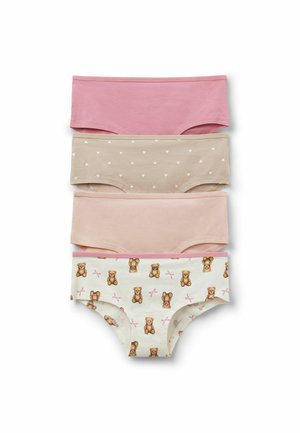 Vier Paar Mädchenunterwäsche in Pink, Beige mit weißen Herzen, Hellrosa und Weiß mit Teddybär- und rosa Schleifendrucken.