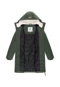 Green parka with a removable hood, featuring a soft, beige fur lining and a black patterned interior. Zipper closure with accent details.
