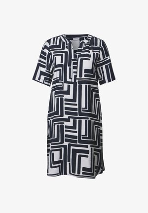 Krátký rukáv šaty v bílé barvě s výrazným námořnickým geometrickým vzorem. Obsahuje výstřih ve tvaru noty a volný střih s bočními rozparky pro snadný pohyb.