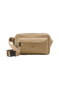 Borsa a spalla in tela color beige con scomparto principale con zip, tasca frontale e tracolla regolabile. Presenta una fibbia in plastica nera e un logo.