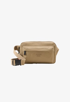 Borsa a spalla in tela color beige con scomparto principale con zip, tasca frontale e tracolla regolabile. Presenta una fibbia in plastica nera e un logo.