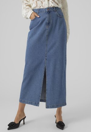 Denim maxi rok in medium blauw met een voorriem, hoge taille en zijzakken. Met een klassiek vijf-pocket design en contrasterende stiksels.