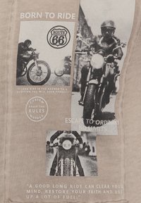 Tejido beige con impresiones negras de imágenes de motocicletas, señal de la Ruta 66 y citas textuales sobre el motociclismo, con una apariencia texturizada y vintage.