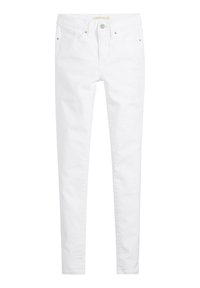 Jeans skinny de denim blanco que cuentan con un clásico diseño de cinco bolsillos, cierre de botón y detalles de costura sutiles, ofreciendo una textura suave.