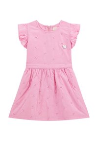 Pink cotton dress with short ruffled sleeves, floral embroidery, a round neckline, and a heart-shaped embellishment on the chest.
