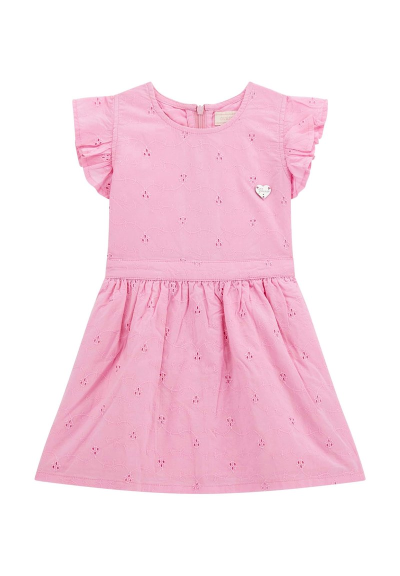 Pink cotton dress with short ruffled sleeves, floral embroidery, a round neckline, and a heart-shaped embellishment on the chest.