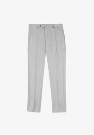 Hellgraue, maßgeschneiderte Hose mit glatter Textur, flachem Vorderteil und zwei Taschen. Mit Knopfverschluss und Gürtelschlaufen.