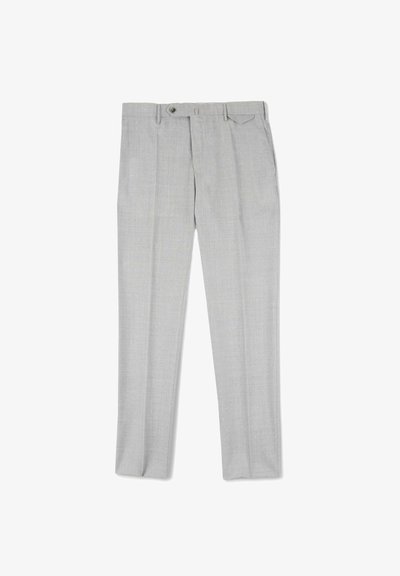 Lichtgrijze op maat gemaakte broeken met een gladde textuur, een rechte voorkant en twee zakken. Voorzien van een knoopsluiting en riemlussen.