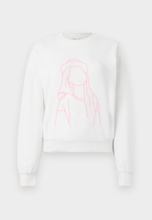 Weißer, verkürzter Sweatshirt mit einem frontalen Design in pink, das eine Figur mit langen Haaren und einem Hut umreißt. Weicher Stoff mit gerippten Bündchen.
