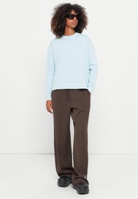 Felpa oversize azzurro chiaro, pantaloni marroni a vestibilità ampia e zoccoli neri. La felpa ha un collo tondo e un branding discreto.