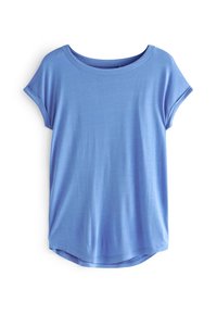 T-shirt blu a maniche corte con scollatura tonda, texture morbida e orlo curvo. Il tessuto appare leggero e liscio.