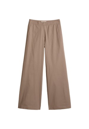 Beige Hosen mit weitem Bein, Seiten taschen und flachem Bund, auf weißem Hintergrund dargestellt.
