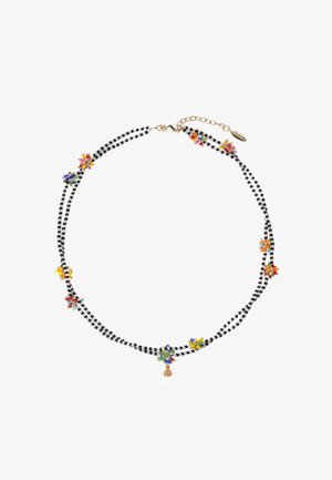 Collier à deux rangs avec perles noires, ornements floraux colorés et pendentif doré. Chaîne ajustable pour varier la longueur.