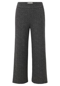 Pantalons à larges jambes en gris à motif pied-de-poule avec une taille lisse, fabriqués en tissu texturé, présentant une coupe décontractée et un design long.