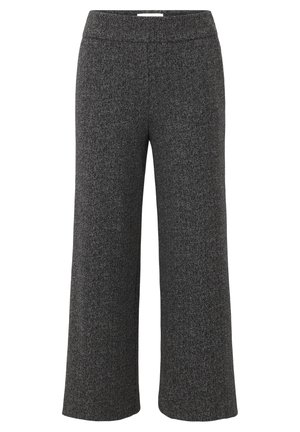 Pantalons à larges jambes en gris à motif pied-de-poule avec une taille lisse, fabriqués en tissu texturé, présentant une coupe décontractée et un design long.