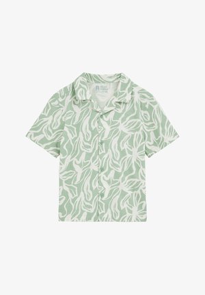 Košulja kratkih rukava, na kopčanje, u svijetlozelenoj boji s bijelim uzorkom lišća; izrađena od mekog materijala s teksturiranim završetkom i standardnim ovratnikom.