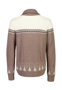 Sweter kardigan w kolorze beżowym i taupe, z prążkowanym kołnierzem. Posiada geometryczne wzory oraz motywy płatków śniegu w białym kolorze na dolnej części i ramionach.
