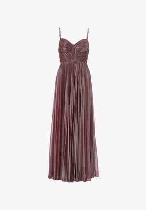 Pituuslaskostettu pitkä mekko kiiltävässä burgundin värisessä kankaassa. Ominaisuuksiin kuuluu sydänleikkauksellinen kaula-aukko ja ohuet säädettävät hihnat. Silkkinen pinta.
