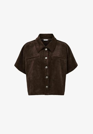 Mörkbrun kortärmad kordskjorta med silverfärgade tryckknappar och spetsig krage, visad mot en vit bakgrund.