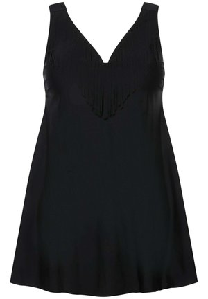 Schwarzes ärmelloses Kleid mit V-Ausschnitt und Fransenverzierung am Ausschnitt. Glattes Material mit ausgestellter Silhouette und minimalen Nähakzenten.