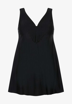 Zwarte mouwloze jurk met een V-hals en franjesdetails bij de halslijn. Soepele stof met een vloeiende silhouet en minimale stikselaccenten.