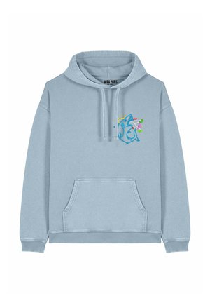 Felpa leggera blu con cappuccio regolabile, tasca a marsupio e design ricamato che presenta un pesce e fiori. Materiale in cotone.