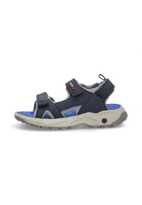 Sandalia azul oscura con acentos grises, que cuenta con un upper texturizado, correas ajustables de Velcro y una plantilla azul acolchada sobre una suela resistente.
