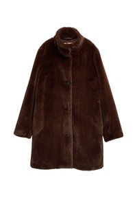 Brauner Kunstpelzmantel mit hochstehendem Kragen, vorne mit Knöpfen verschließbar und langen Ärmeln. Weiche Textur mit glattem Finish und legerem Schnitt.