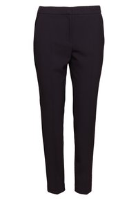 Pantalon noir ajusté avec une coupe slim, présentant un devant plat, des poches latérales et une texture lisse. Aucune quincaillerie ou motif visible.