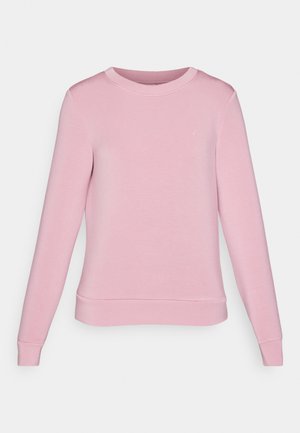 Svetlo roza sweatshirt z dolgimi rokavi, okroglo ovratnico ter rebrastimi manšetami in robom. Narejen iz mehkega materiala z gladko teksturo.