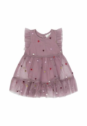 Robe mauve sans manches pour tout-petit avec manches et jupe en tulle volantée, décorée de petits cœurs brodés colorés.