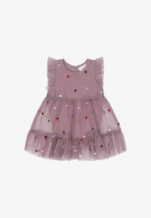Robe mauve sans manches pour tout-petit avec manches et jupe en tulle volantée, décorée de petits cœurs brodés colorés.