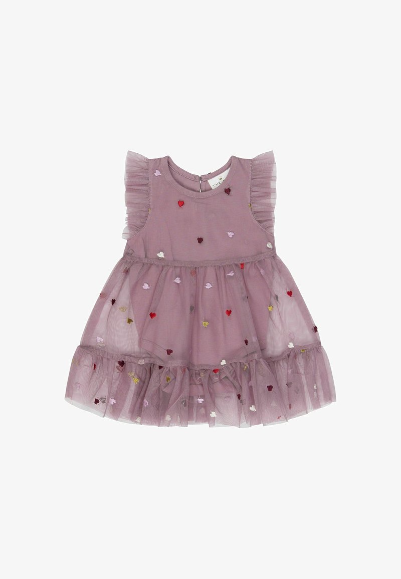 Robe mauve sans manches pour tout-petit avec manches et jupe en tulle volantée, décorée de petits cœurs brodés colorés.