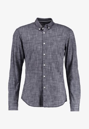 Herrenhemd mit langen Ärmeln zum Knöpfen, mit Button-Down-Kragen, grauem strukturiertem Stoff und weißen Knöpfen an der Vorderseite.