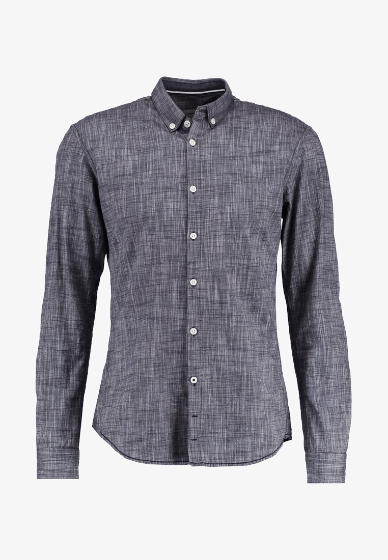Męska koszula na długi rękaw z guzikami z przodu, kołnierzykiem zapinanym na guziki, wykonana z szarej teksturowanej tkaniny, z białymi guzikami z przodu.