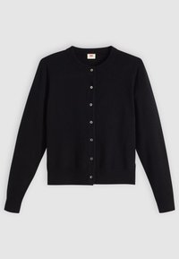 Zwarte cardigan met een ronde hals, lange mouwen en knoopsluiting aan de voorkant. Gemaakt van zacht materiaal met subtiele ribbels aan de mouwen en onderkant.