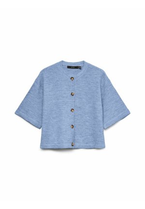 Cardigan bleu clair à manches courtes avec un col rond, une ouverture boutonnée à l'avant et une coupe décontractée et carrée. Tissu doux et texturé avec des boutons en bois.