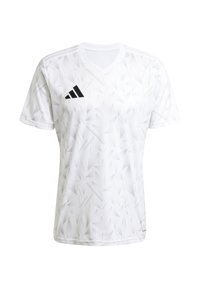 Witte sporttrui met een geometrisch patroon, V-hals, korte mouwen en een zwart Adidas-logo op de linkerkant van de borst. Gemaakt van lichtgewicht materiaal.